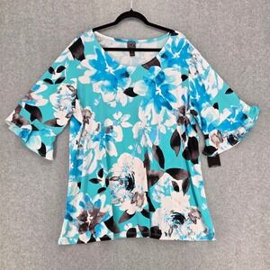 Clara Sun Woo NEW 3X Tulip Cuff Tunic Floral Petal Top Blouse Jersey Vibrant Blu